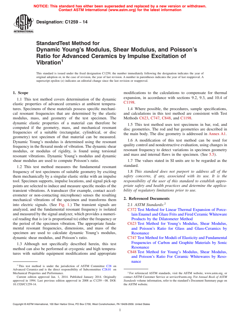 ASTM C1259-14 - Standard Test Method for  Dynamic Young&rsquo;s Modulus, Shear Modulus, and Poisson&rsquo;s Ratio   for Advanced Ceramics by Impulse Excitation of Vibration