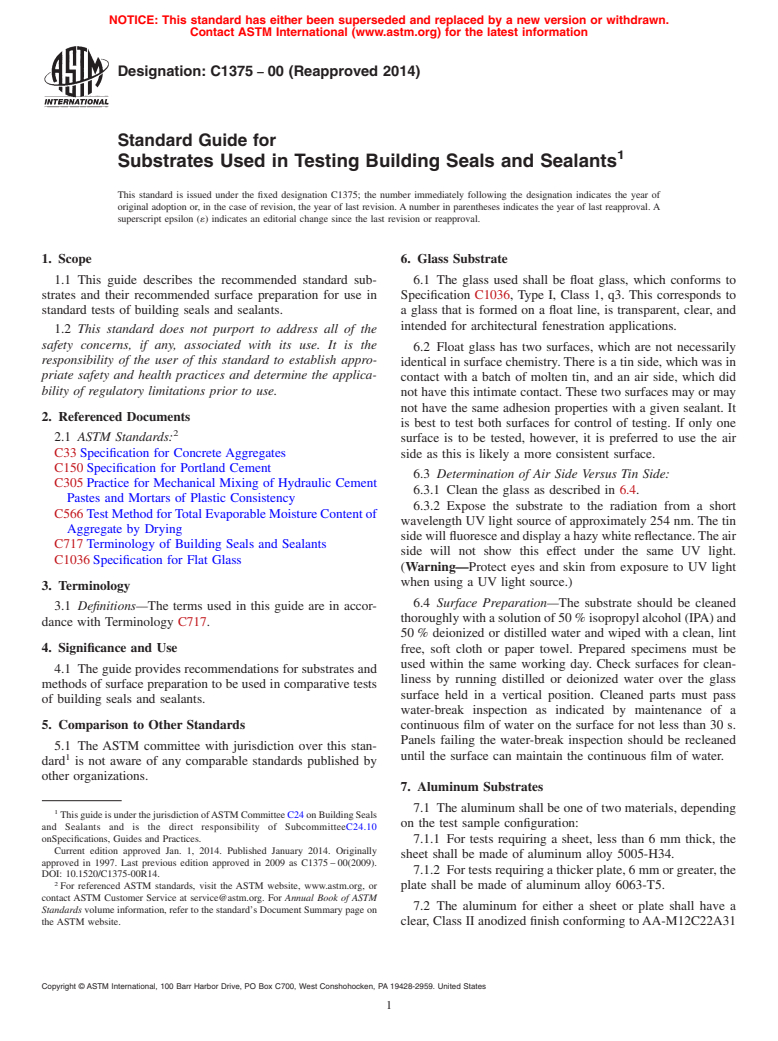 ASTM C1375-00(2014) - Standard Guide for  Substrates Used in Testing Building Seals and Sealants