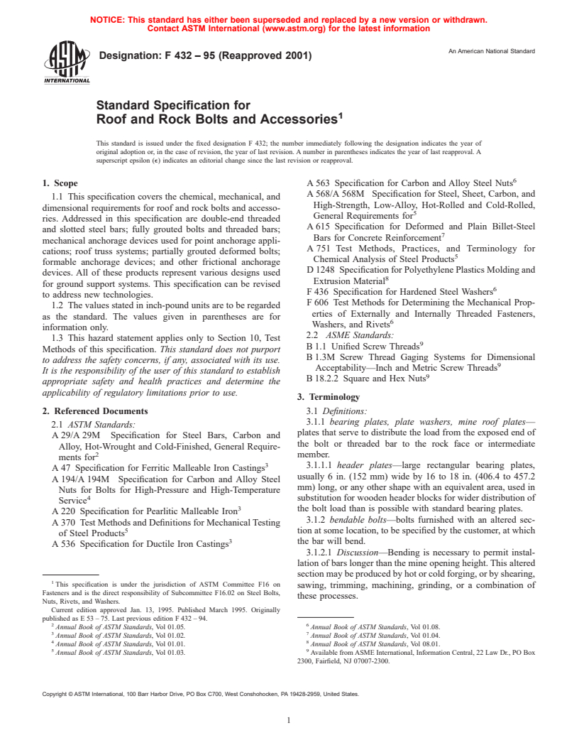 ASTM F432-95(2001) - Standard Specification for Roof and Rock Bolts and Accessories