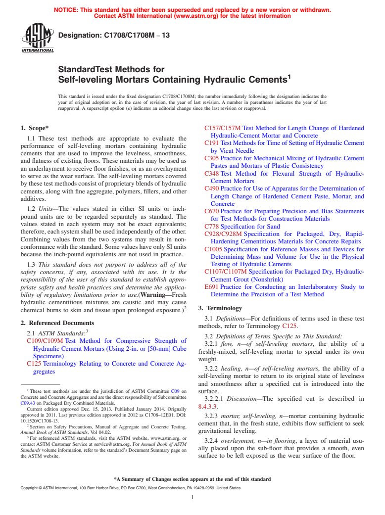 ASTM C1708/C1708M-13 - Standard Test Methods for  Self-leveling Mortars Containing Hydraulic Cements