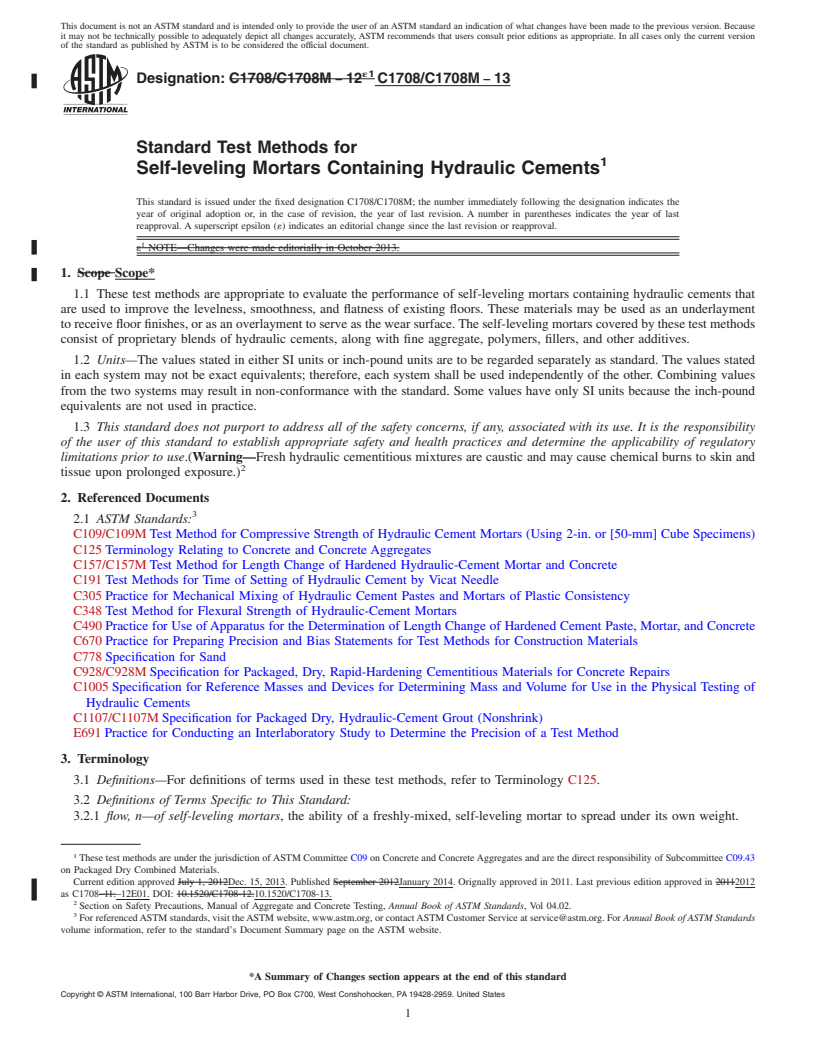 REDLINE ASTM C1708/C1708M-13 - Standard Test Methods for  Self-leveling Mortars Containing Hydraulic Cements