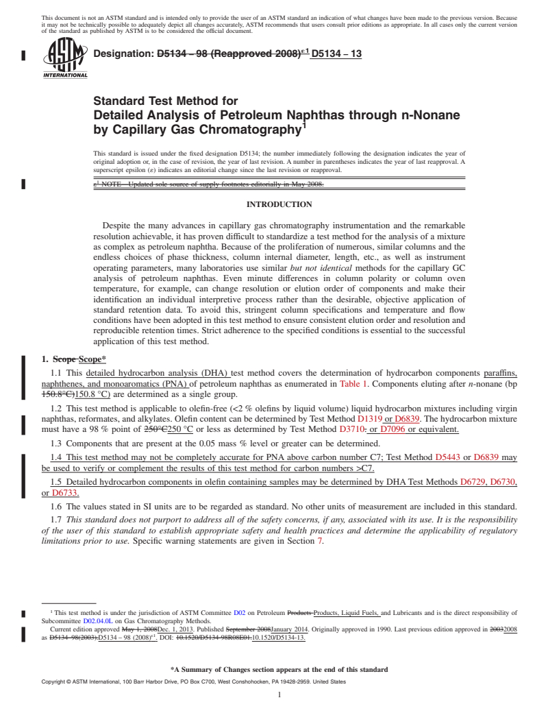 REDLINE ASTM D5134-13 - Standard Test Method for  Detailed Analysis of Petroleum Naphthas through n-Nonane by  Capillary Gas Chromatography