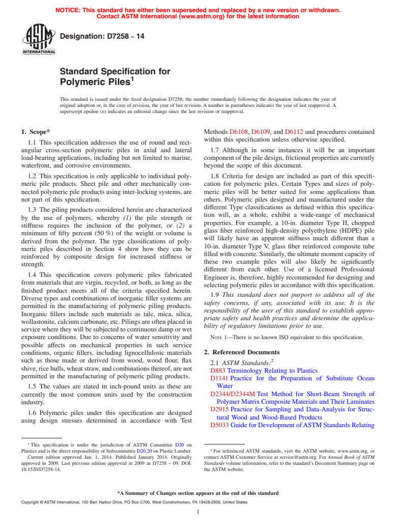 ASTM D7258-14 - Standard Specification for  Polymeric Piles