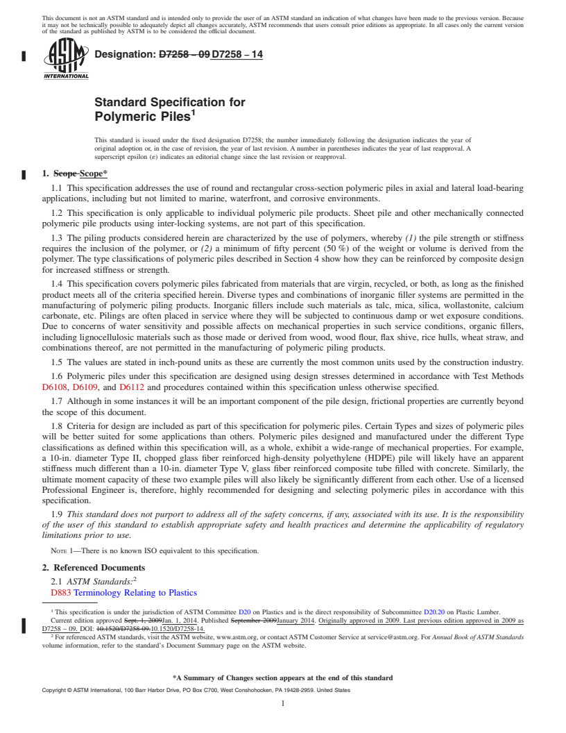 REDLINE ASTM D7258-14 - Standard Specification for  Polymeric Piles