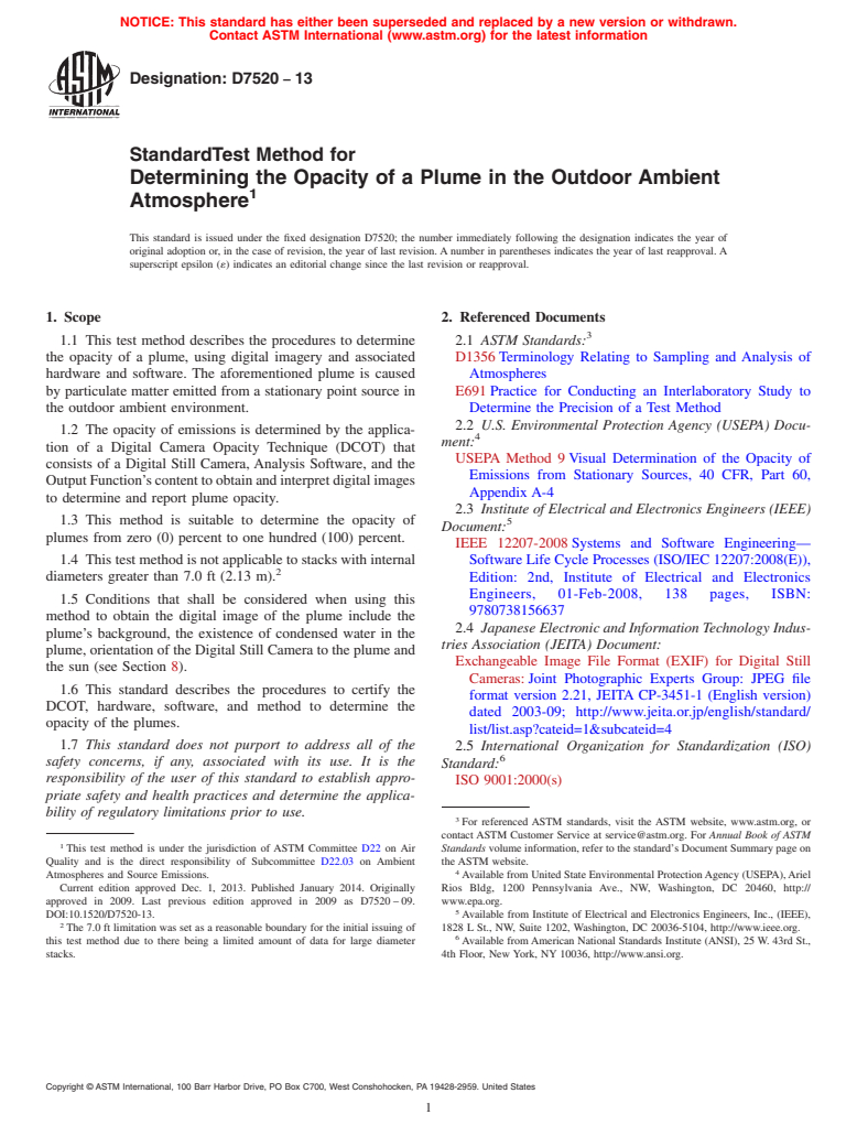 ASTM D7520-13 - Standard Test Method for Determining the Opacity of a Plume in the Outdoor Ambient Atmosphere