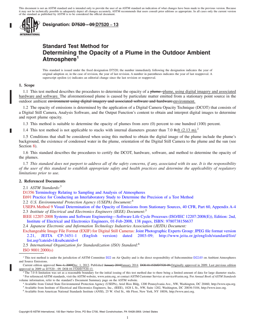 REDLINE ASTM D7520-13 - Standard Test Method for Determining the Opacity of a Plume in the Outdoor Ambient Atmosphere
