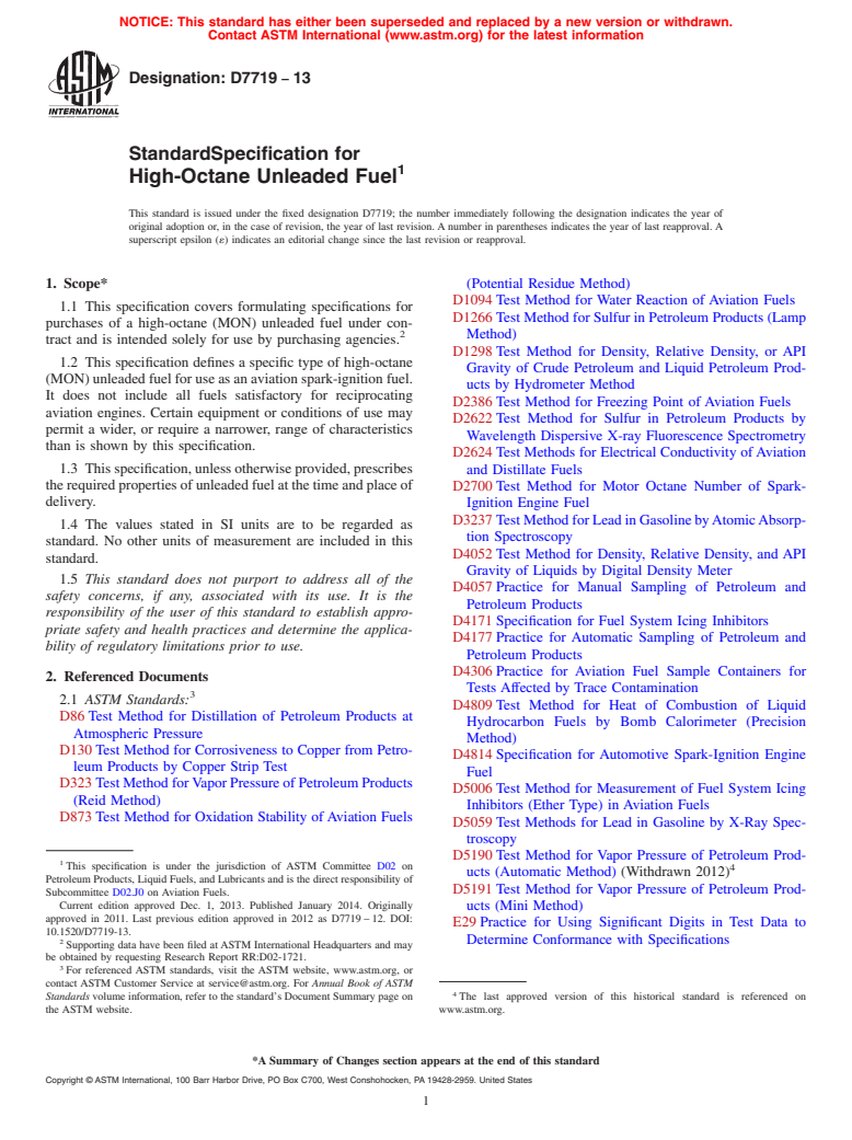 ASTM D7719-13 - Standard Specification for  High-Octane Unleaded Fuel