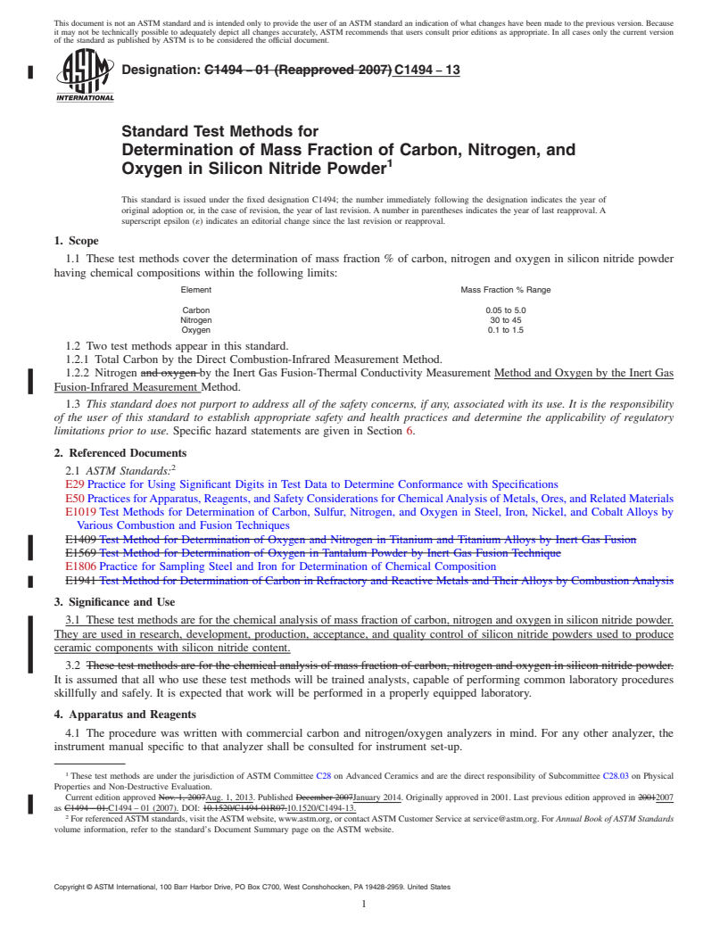 REDLINE ASTM C1494-13 - Standard Test Methods for  Determination of Mass Fraction of Carbon, Nitrogen, and Oxygen  in Silicon Nitride Powder