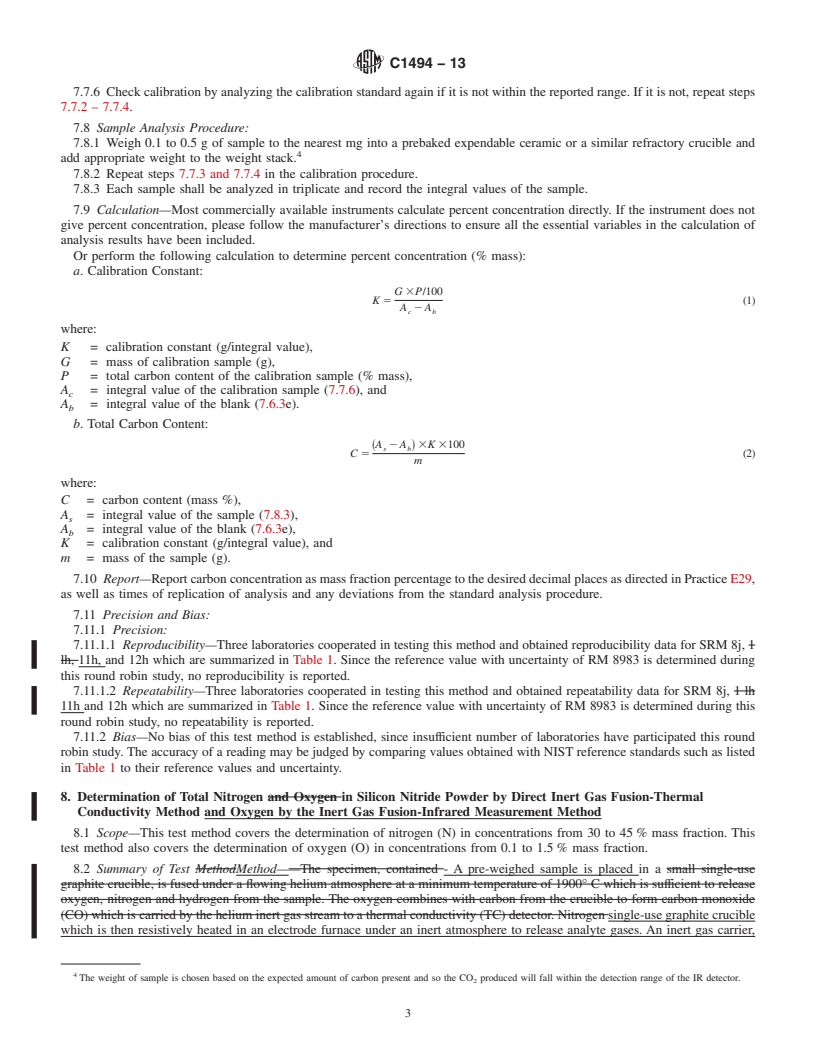 REDLINE ASTM C1494-13 - Standard Test Methods for  Determination of Mass Fraction of Carbon, Nitrogen, and Oxygen  in Silicon Nitride Powder