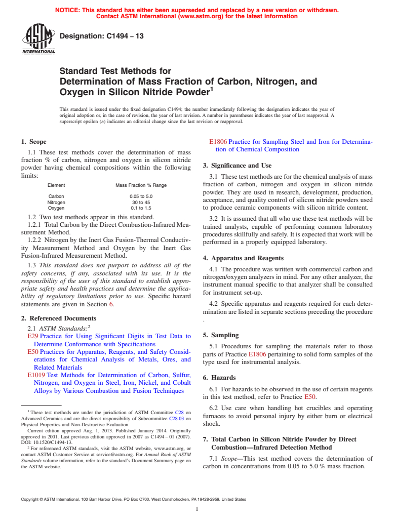 ASTM C1494-13 - Standard Test Methods for  Determination of Mass Fraction of Carbon, Nitrogen, and Oxygen  in Silicon Nitride Powder