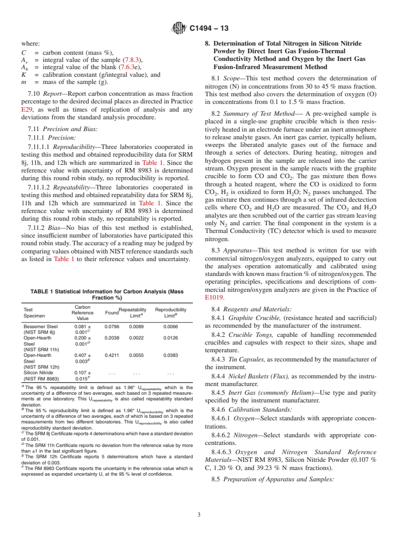 ASTM C1494-13 - Standard Test Methods for  Determination of Mass Fraction of Carbon, Nitrogen, and Oxygen  in Silicon Nitride Powder