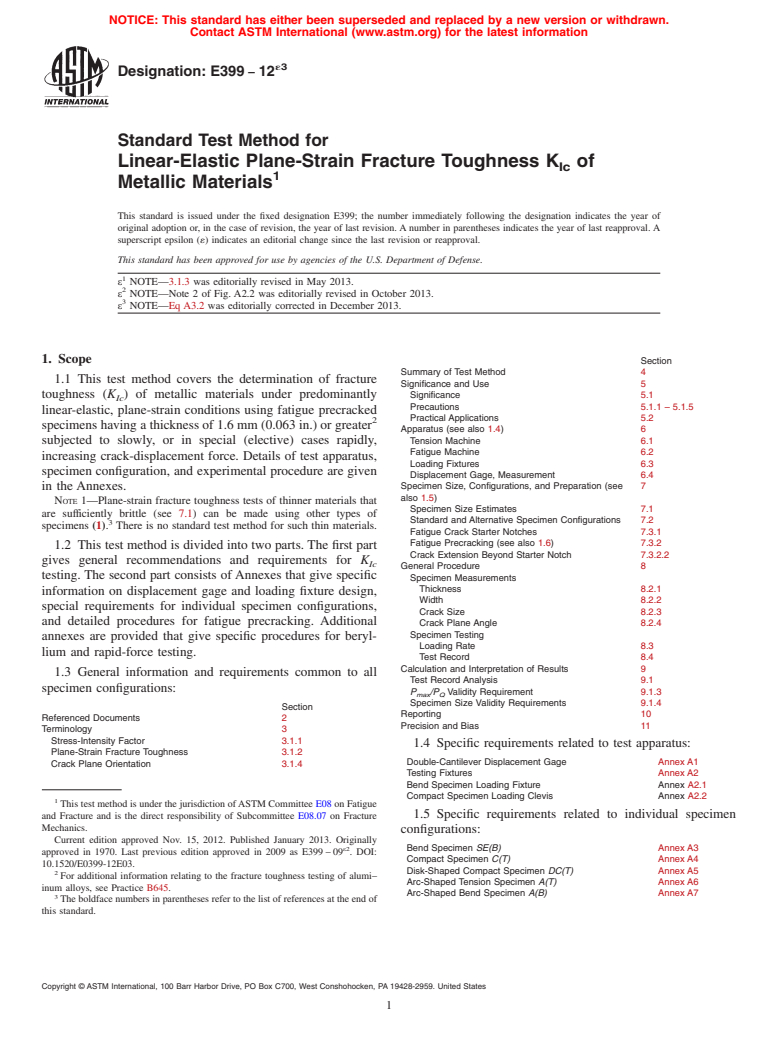 ASTM E399-12e3 - Standard Test Method for  Linear-Elastic Plane-Strain Fracture Toughness K<inf>Ic</inf  > of Metallic Materials