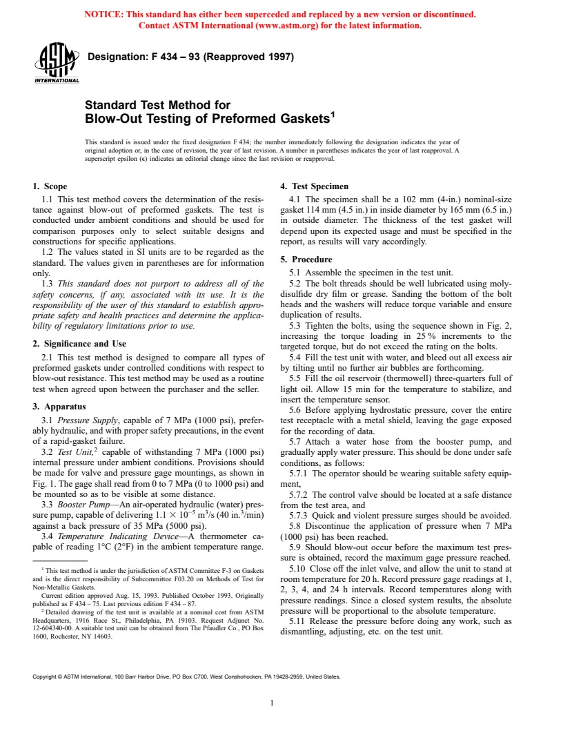 ASTM F434-93(1997) - Standard Test Method for Blow-Out Testing of Preformed Gaskets