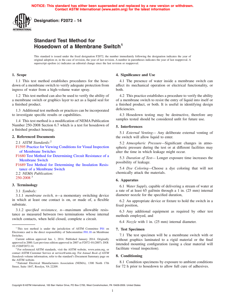 ASTM F2072-14 - Standard Test Method for  Hosedown of a Membrane Switch (Withdrawn 2023)