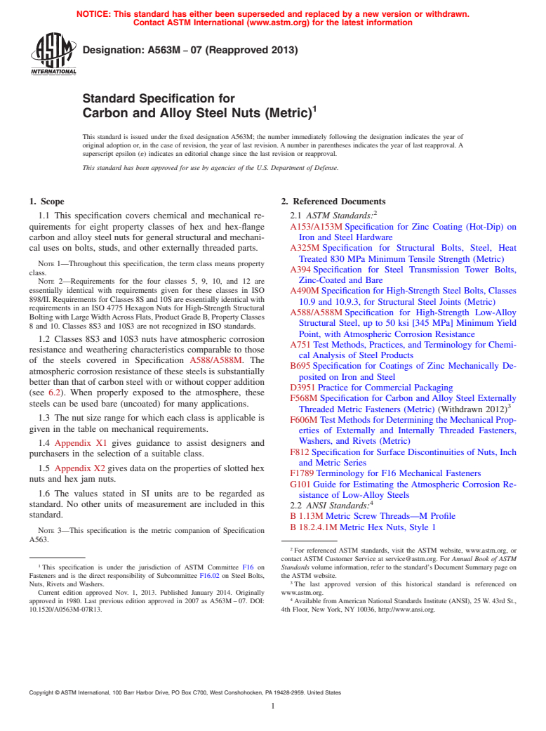 ASTM A563M-07(2013) - Standard Specification for  Carbon and Alloy Steel Nuts &#40;Metric&#41; (Withdrawn 2021)