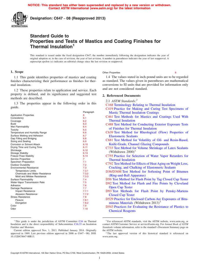 ASTM C647-08(2013) - Standard Guide to  Properties and Tests of Mastics and Coating Finishes for Thermal  Insulation