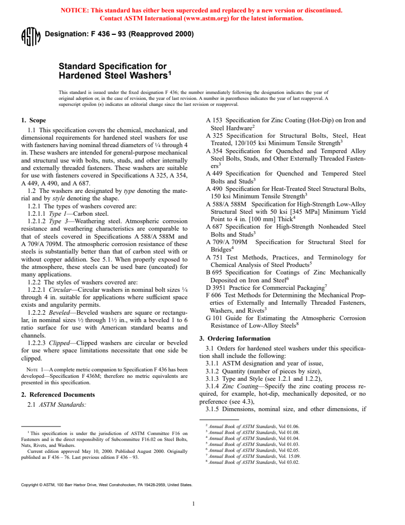 ASTM F436-93(2000) - Standard Specification for Hardened Steel Washers