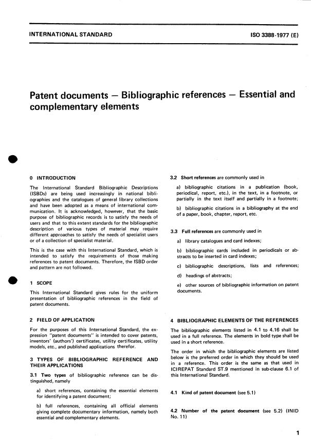 ISO 3388:1977 ISO 3388:1977 - Patent documents -- Bibliographic references -- Essential and complementary elements - Page 2 preview