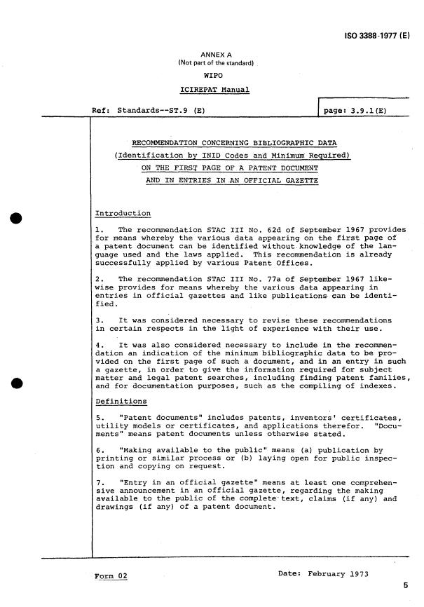 ISO 3388:1977 ISO 3388:1977 - Patent documents -- Bibliographic references -- Essential and complementary elements - Page 4 preview