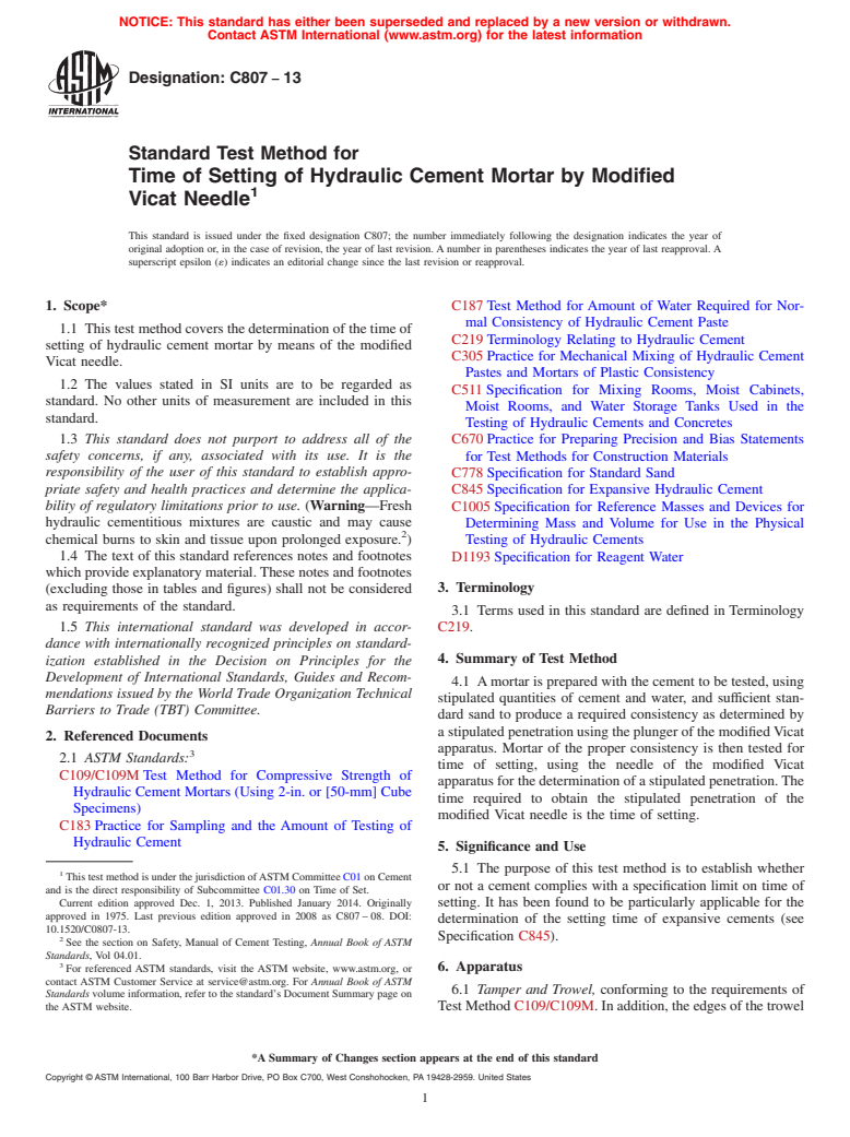 ASTM C807-13 - Standard Test Method for  Time of Setting of Hydraulic Cement Mortar by Modified Vicat  Needle