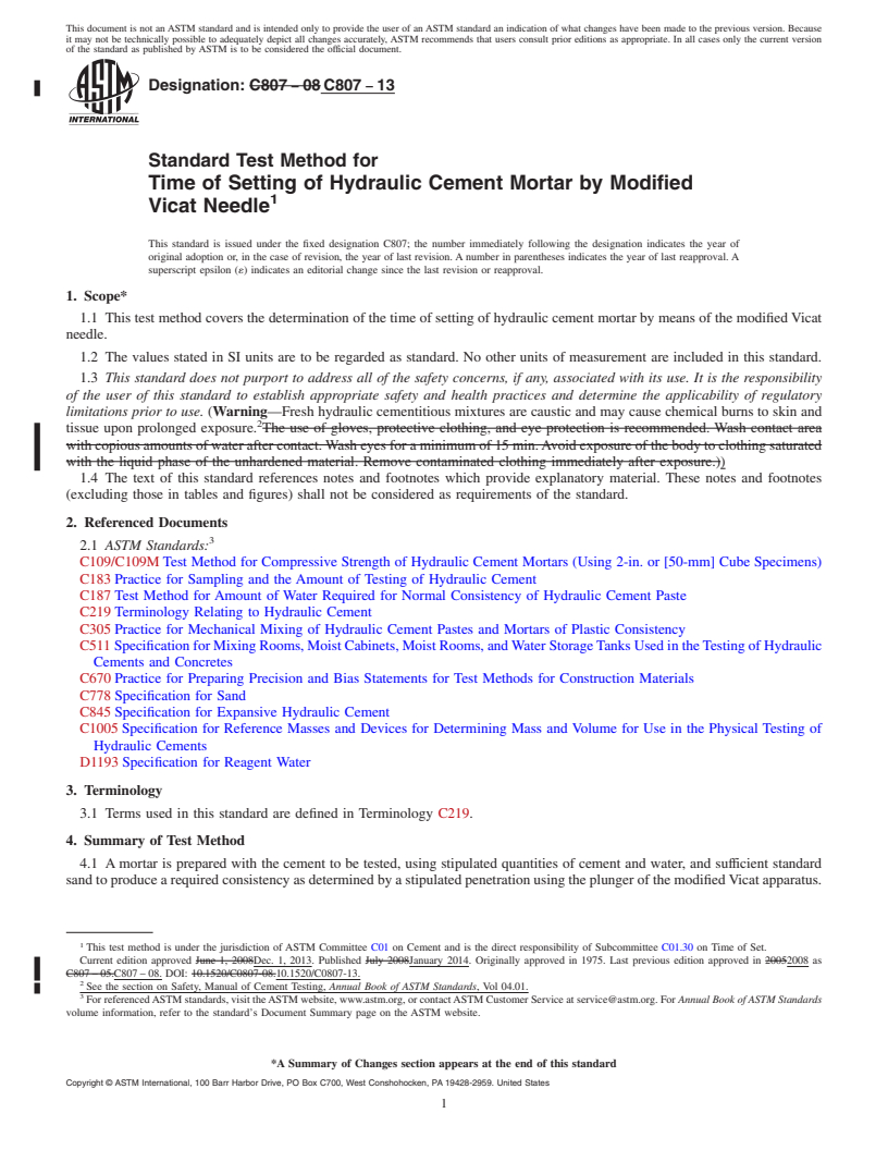 REDLINE ASTM C807-13 - Standard Test Method for  Time of Setting of Hydraulic Cement Mortar by Modified Vicat  Needle