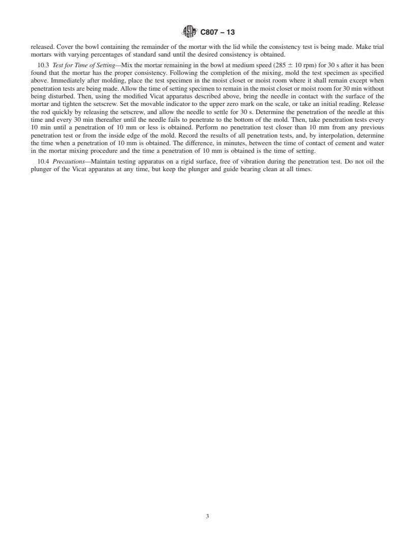 REDLINE ASTM C807-13 - Standard Test Method for  Time of Setting of Hydraulic Cement Mortar by Modified Vicat  Needle