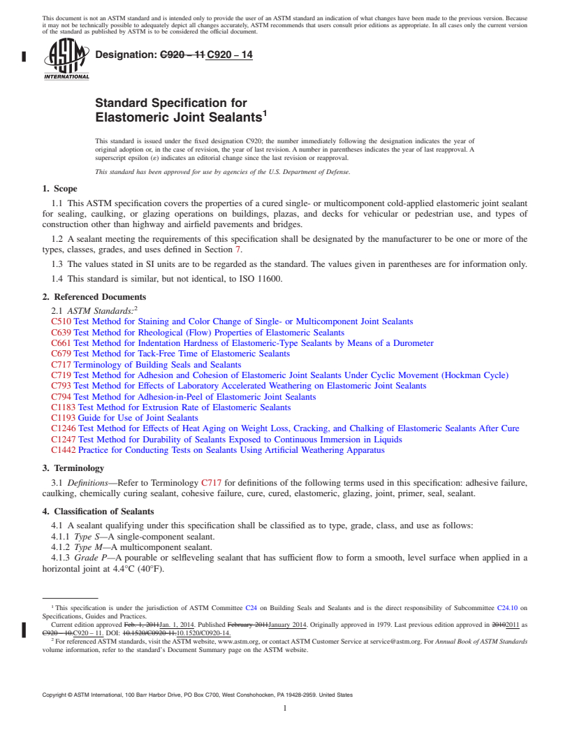REDLINE ASTM C920-14 - Standard Specification for  Elastomeric Joint Sealants