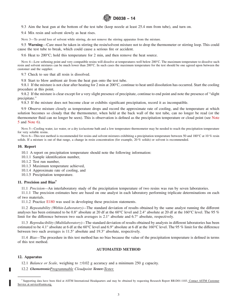 REDLINE ASTM D6038-14 - Standard Test Methods for Determining the Compatibility of Resin/Solvent Mixtures by   Precipitation     Temperature &#40;Cloud Point&#41;