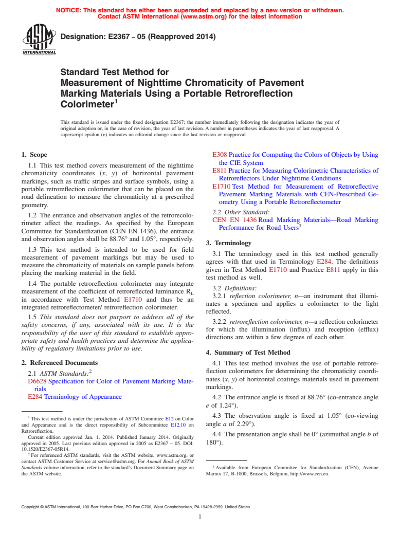 ASTM E2367-05(2014) - Standard Test Method for Measurement of Nighttime Chromaticity of Pavement Marking Materials  Using a Portable Retroreflection Colorimeter