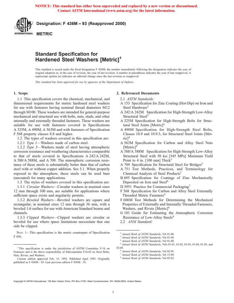 ASTM F436M-93(2000) - Standard Specification for Hardened Steel Washers [Metric]