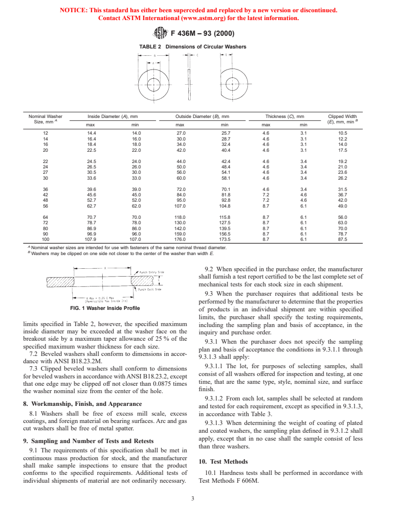 ASTM F436M-93(2000) - Standard Specification for Hardened Steel Washers [Metric]