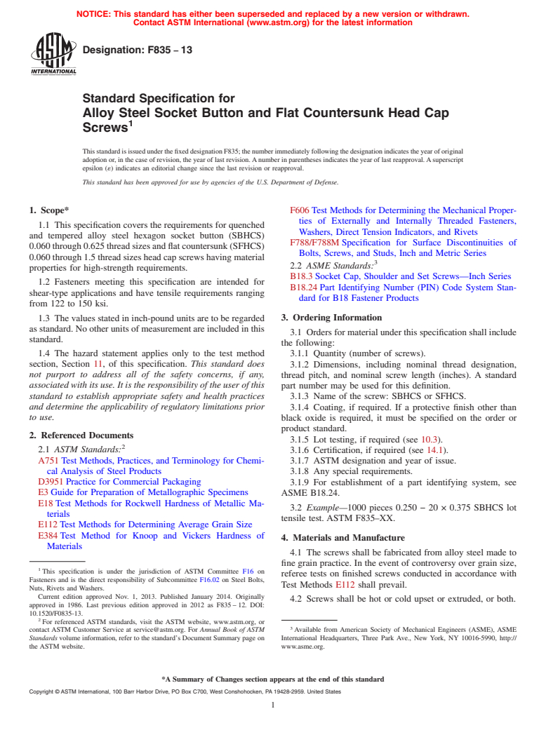 ASTM F835-13 - Standard Specification for  Alloy Steel Socket Button and Flat Countersunk Head Cap Screws