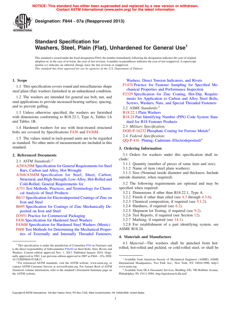 ASTM F844-07a(2013) - Standard Specification for  Washers, Steel, Plain &#40;Flat&#41;, Unhardened for General Use