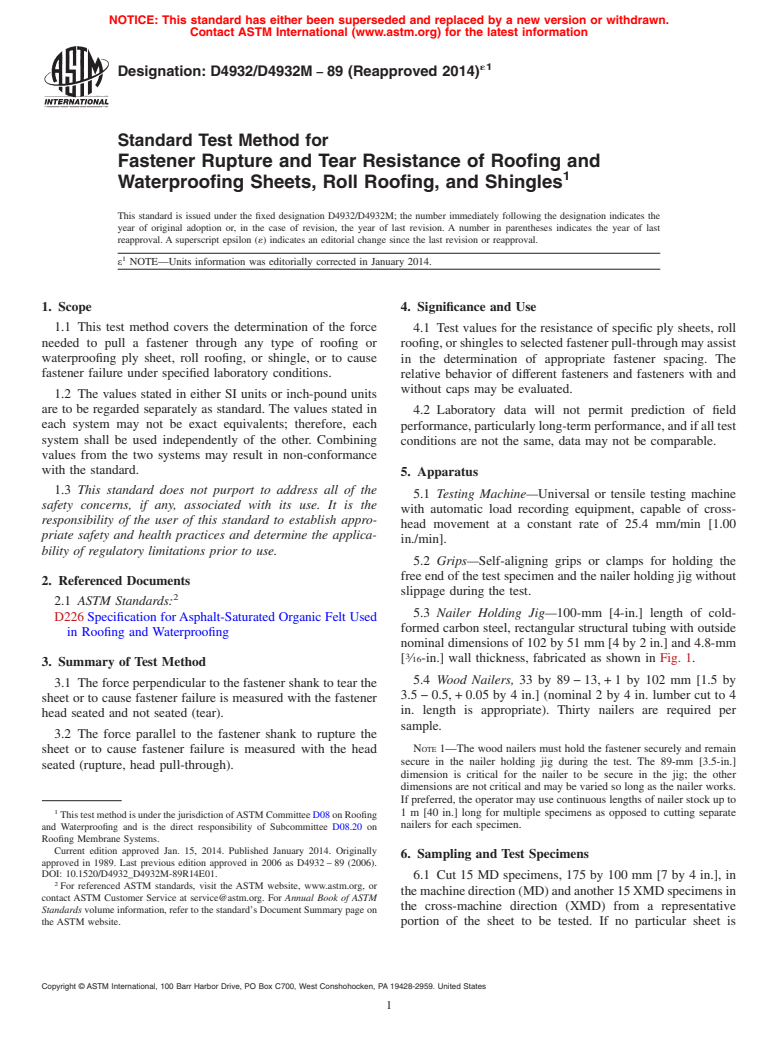 ASTM D4932/D4932M-89(2014)e1 - Standard Test Method for Fastener Rupture and Tear Resistance of Roofing and Waterproofing Sheets, Roll Roofing, and Shingles