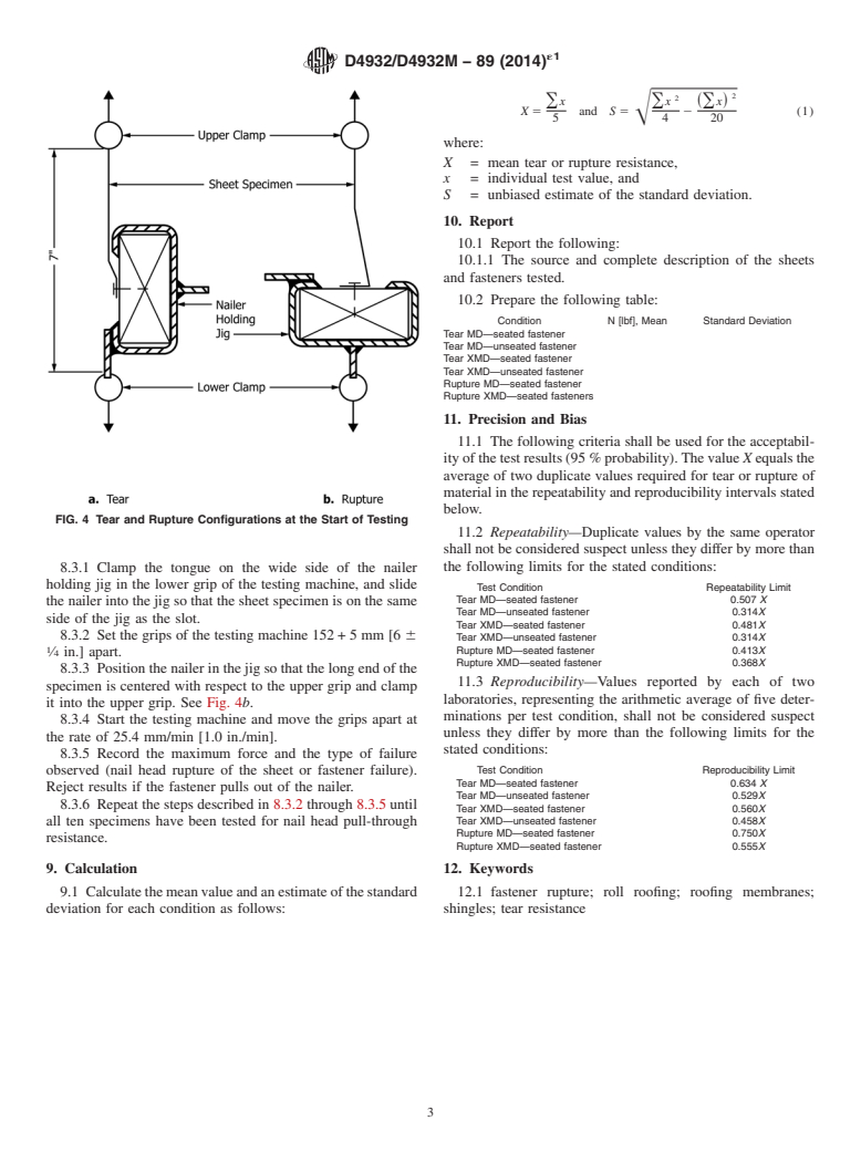 ASTM D4932/D4932M-89(2014)e1 - Standard Test Method for Fastener Rupture and Tear Resistance of Roofing and Waterproofing Sheets, Roll Roofing, and Shingles