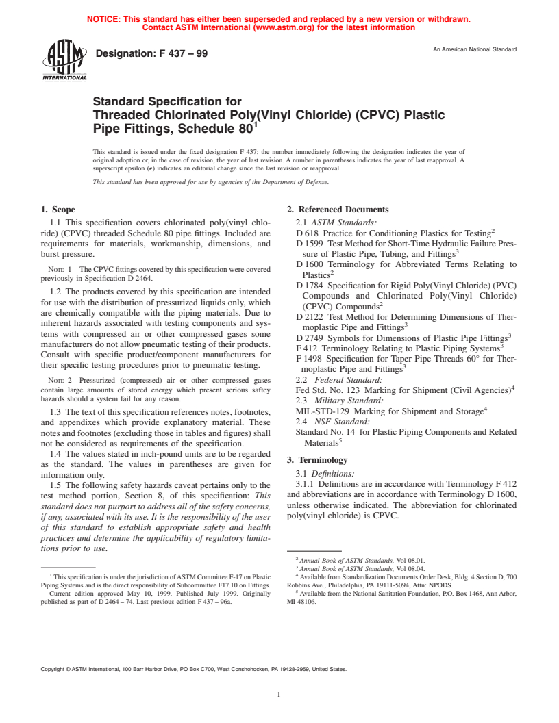 ASTM F437-99 - Standard Specification for Threaded Chlorinated Poly(Vinyl Chloride) (CPVC) Plastic Pipe Fittings, Schedule 80