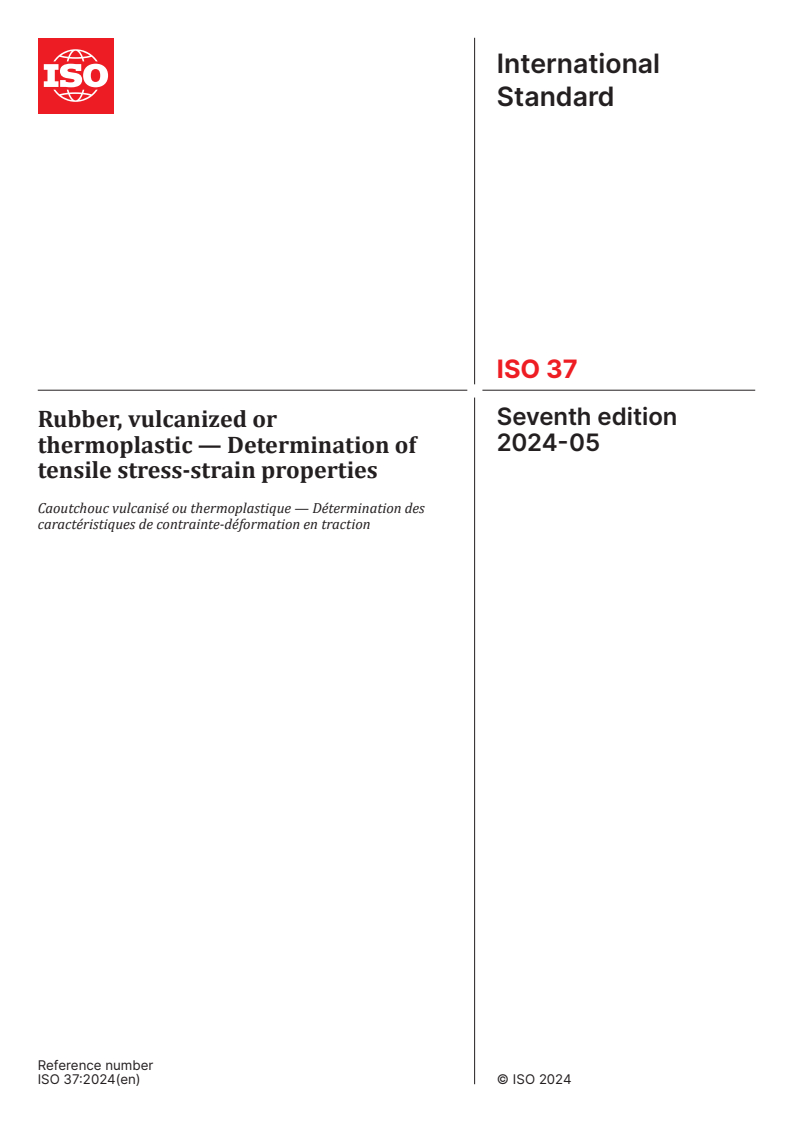 ISO 37:2024 - Rubber, vulcanized or thermoplastic — Determination of tensile stress-strain properties
Released:17. 05. 2024