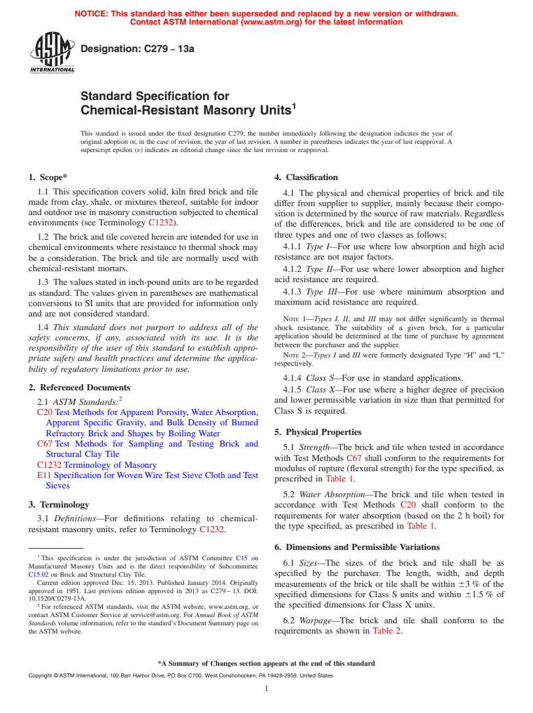 ASTM C279-13a - Standard Specification for  Chemical-Resistant Masonry Units