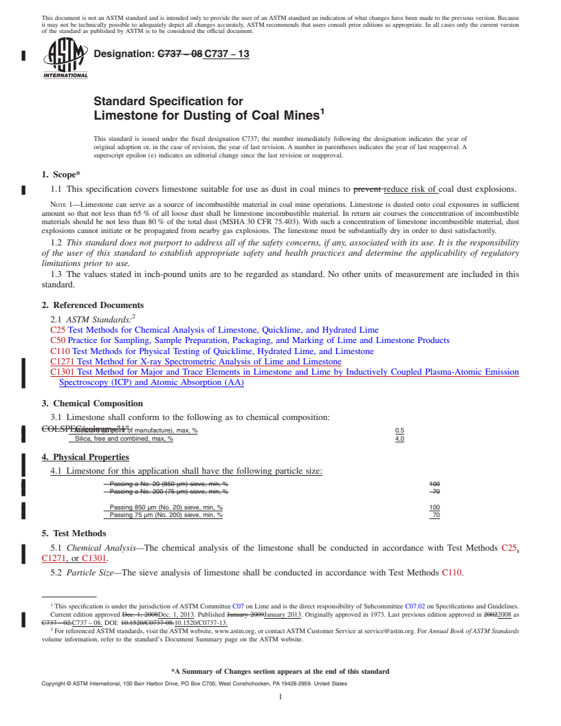 REDLINE ASTM C737-13 - Standard Specification for  Limestone for Dusting of Coal Mines (Withdrawn 2022)