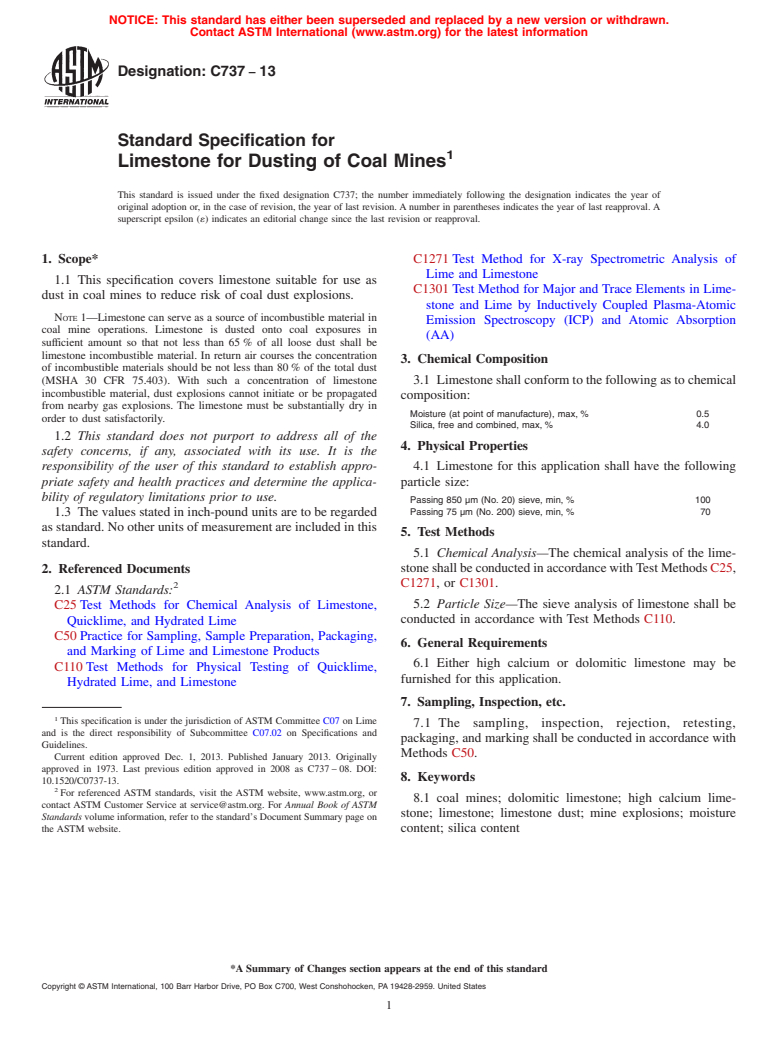 ASTM C737-13 - Standard Specification for  Limestone for Dusting of Coal Mines (Withdrawn 2022)