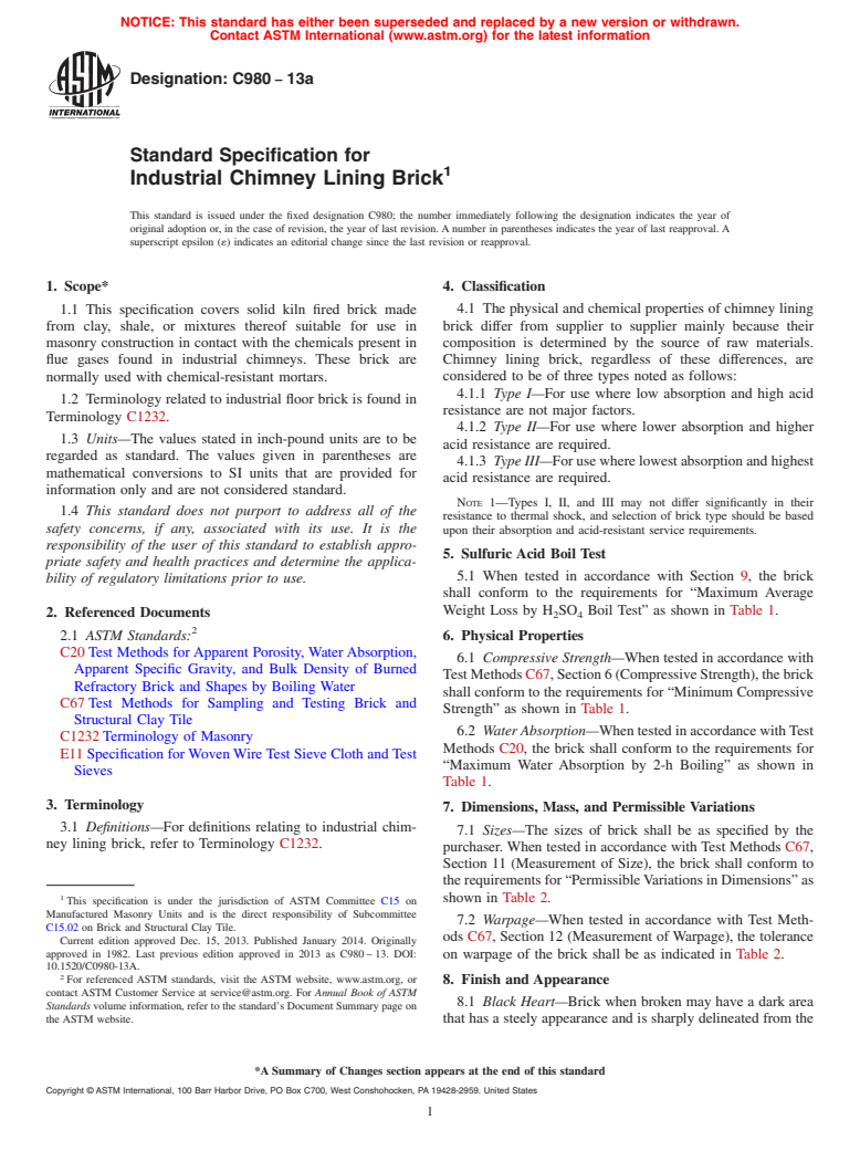 ASTM C980-13a - Standard Specification for  Industrial Chimney Lining Brick