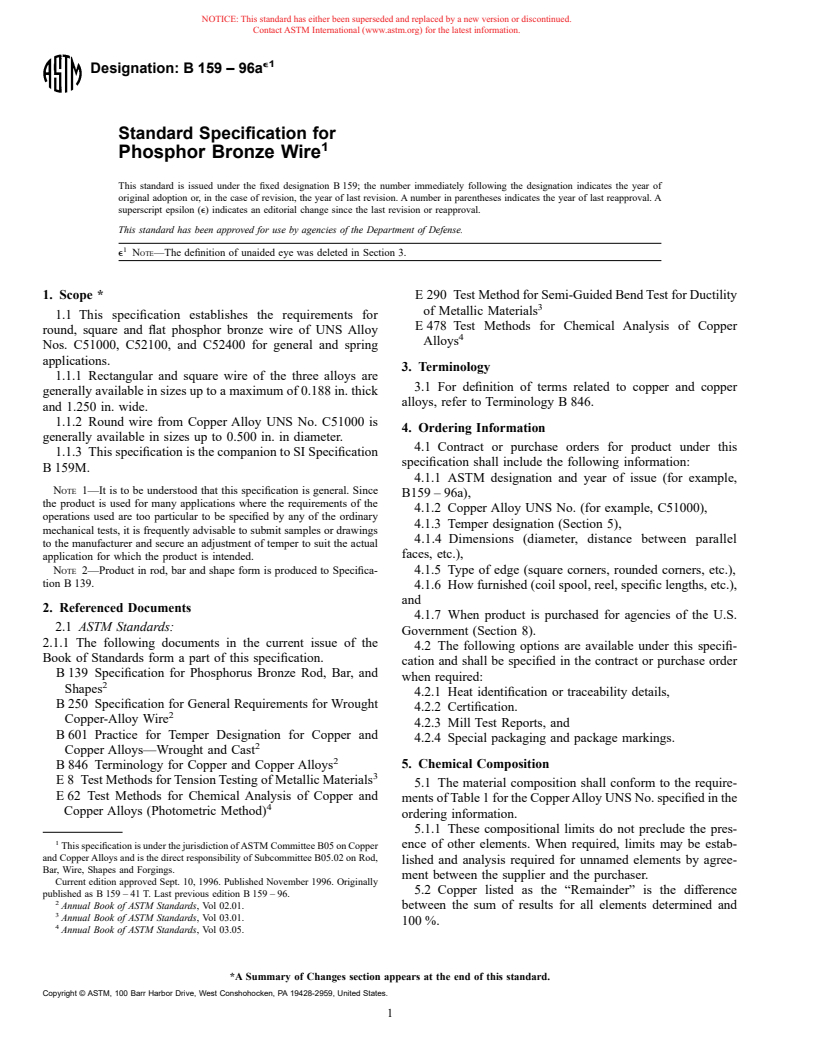 ASTM B159-96ae1 - Standard Specification for Phosphor Bronze Wire (Withdrawn 2001)