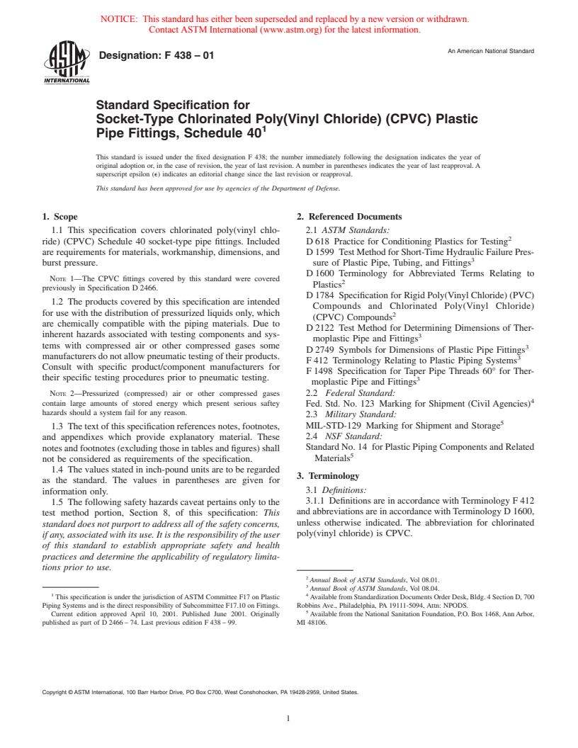 ASTM F438-01 - Standard Specification for Socket-Type Chlorinated Poly(Vinyl Chloride) (CPVC) Plastic Pipe Fittings, Schedule 40
