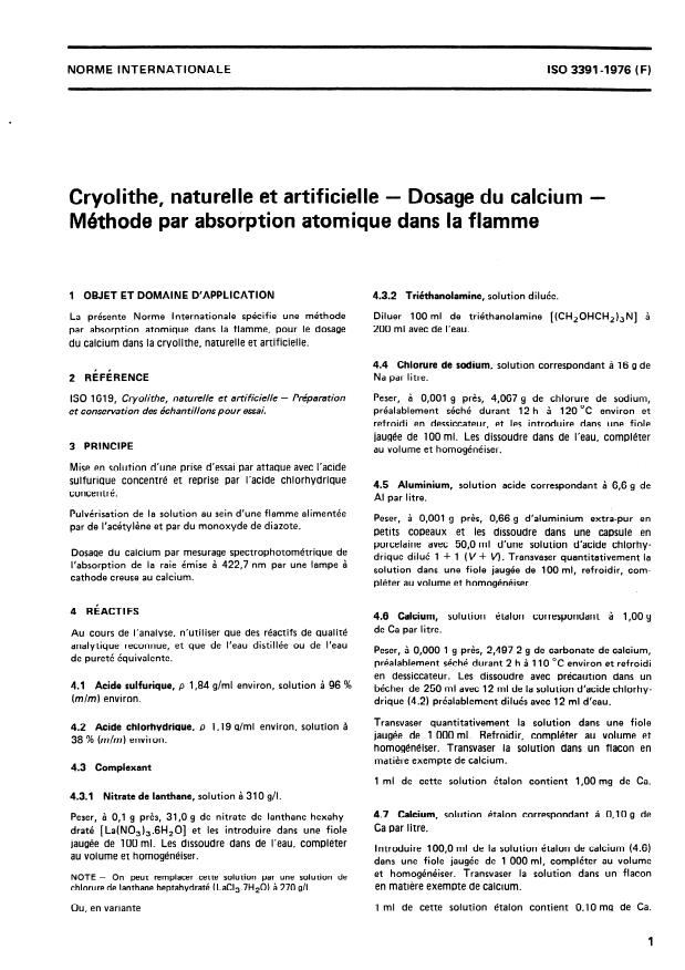 ISO 3391:1976 - Cryolithe, naturelle et artificielle -- Dosage du calcium -- Méthode par absorption atomique dans la flamme