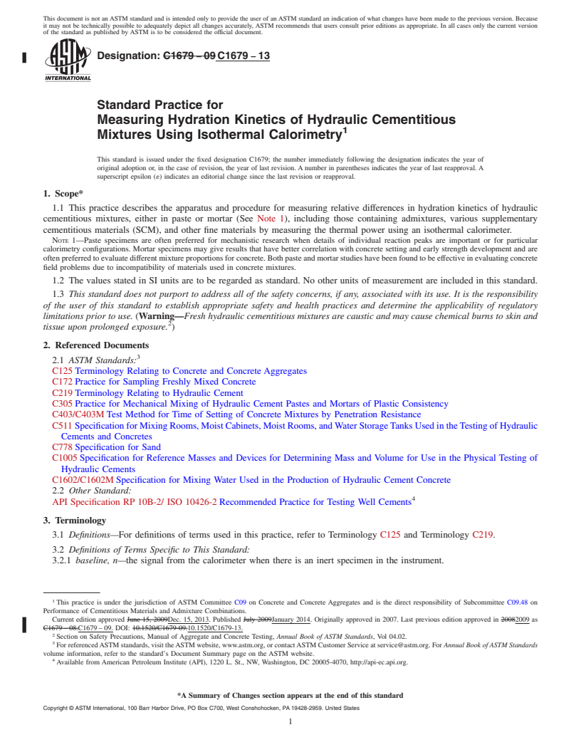 REDLINE ASTM C1679-13 - Standard Practice for  Measuring Hydration Kinetics of Hydraulic Cementitious Mixtures  Using Isothermal Calorimetry