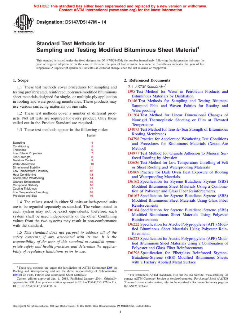ASTM D5147/D5147M-14 - Standard Test Methods for  Sampling and Testing Modified Bituminous Sheet Material