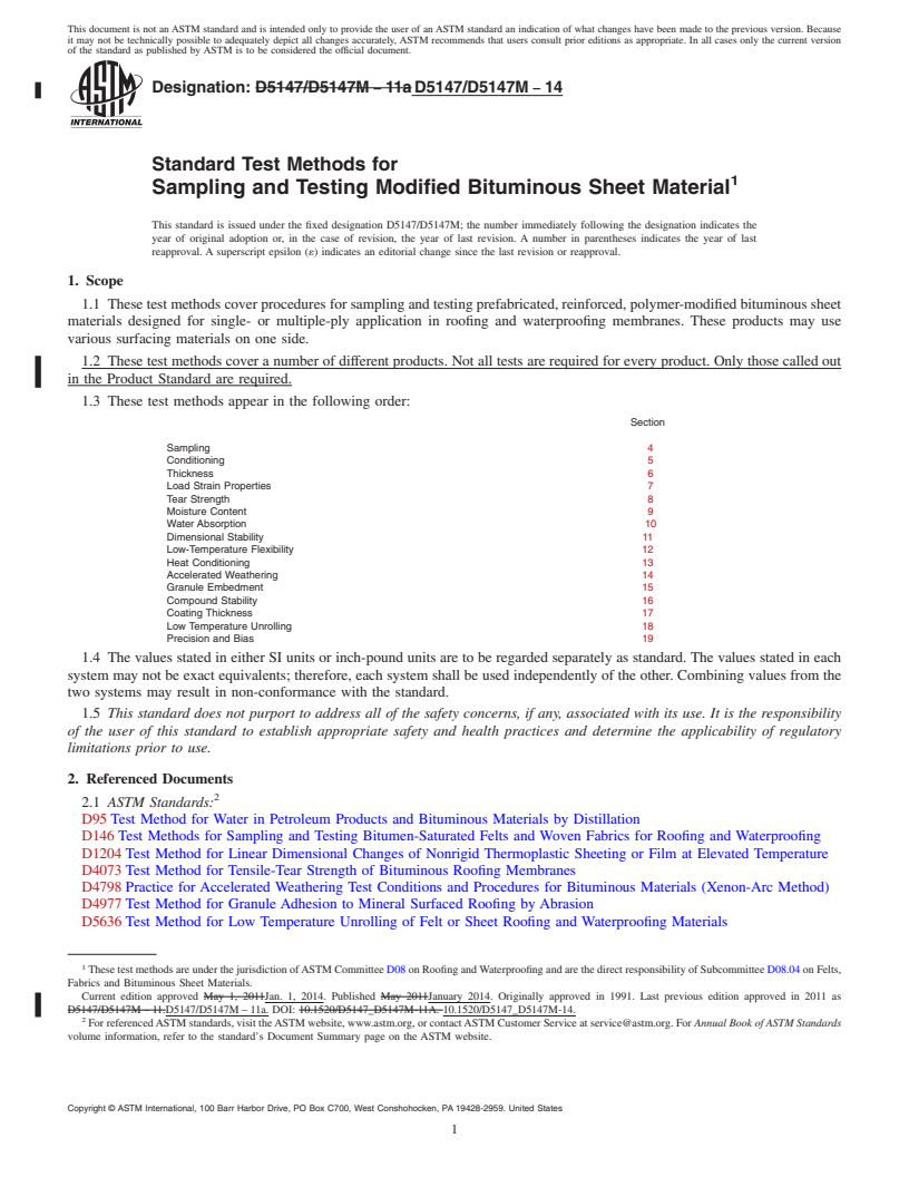 REDLINE ASTM D5147/D5147M-14 - Standard Test Methods for  Sampling and Testing Modified Bituminous Sheet Material