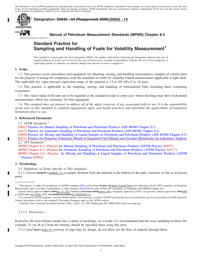 REDLINE ASTM D5842-14 - Standard Practice for Sampling and Handling of Fuels for Volatility Measurement