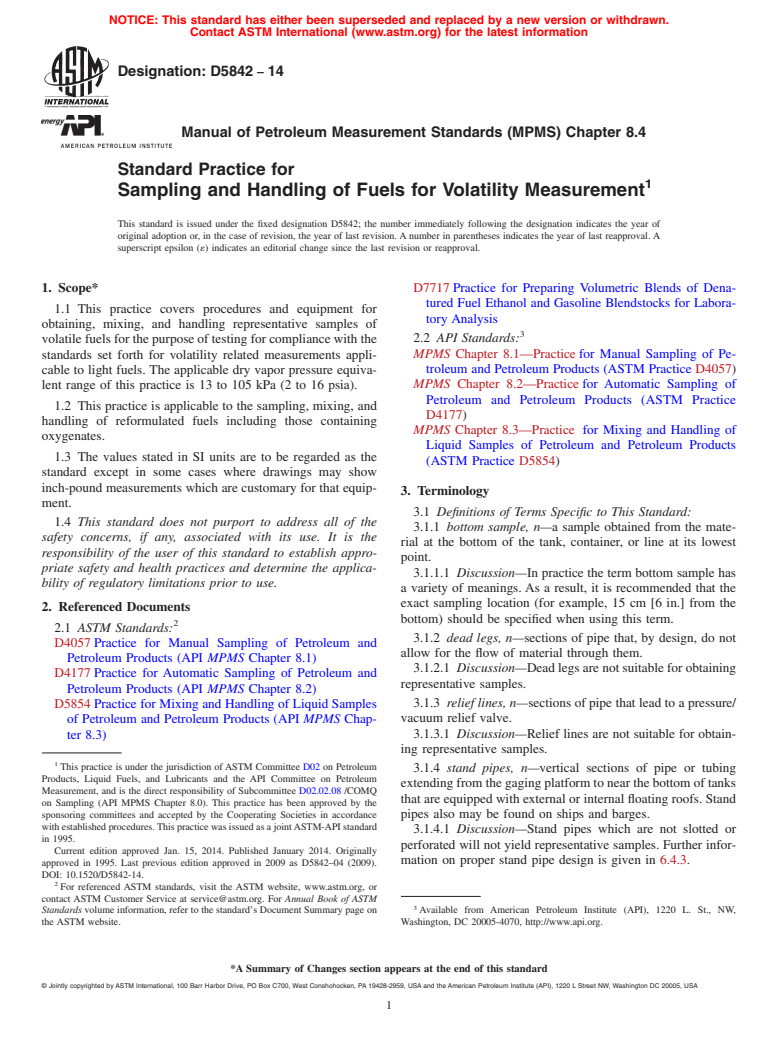 ASTM D5842-14 - Standard Practice for Sampling and Handling of Fuels for Volatility Measurement