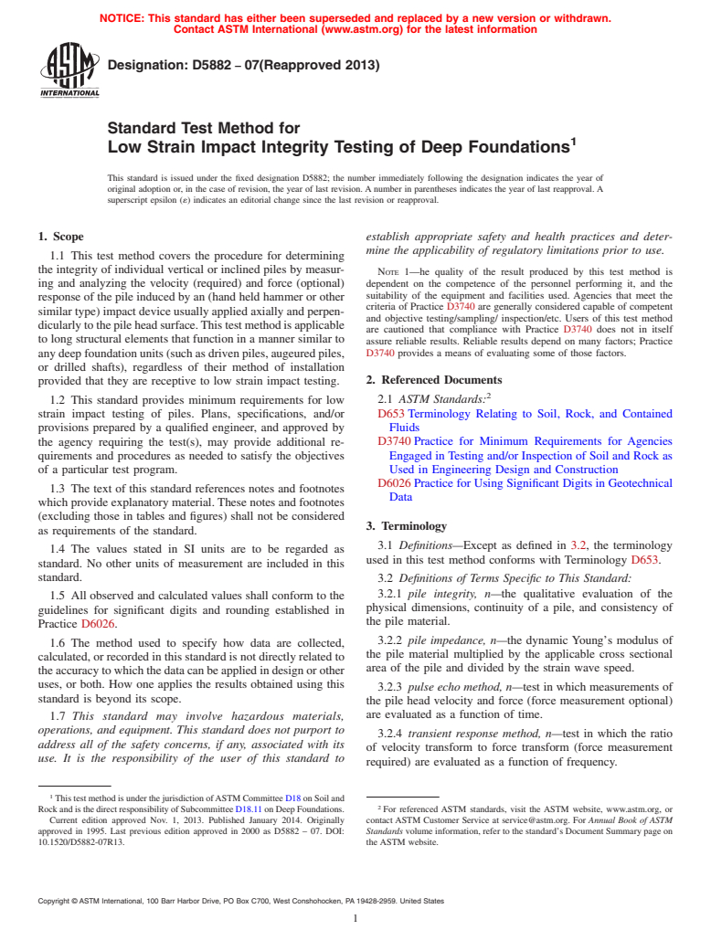 ASTM D5882-07(2013) - Standard Test Method for Low Strain Impact Integrity Testing of Deep Foundations